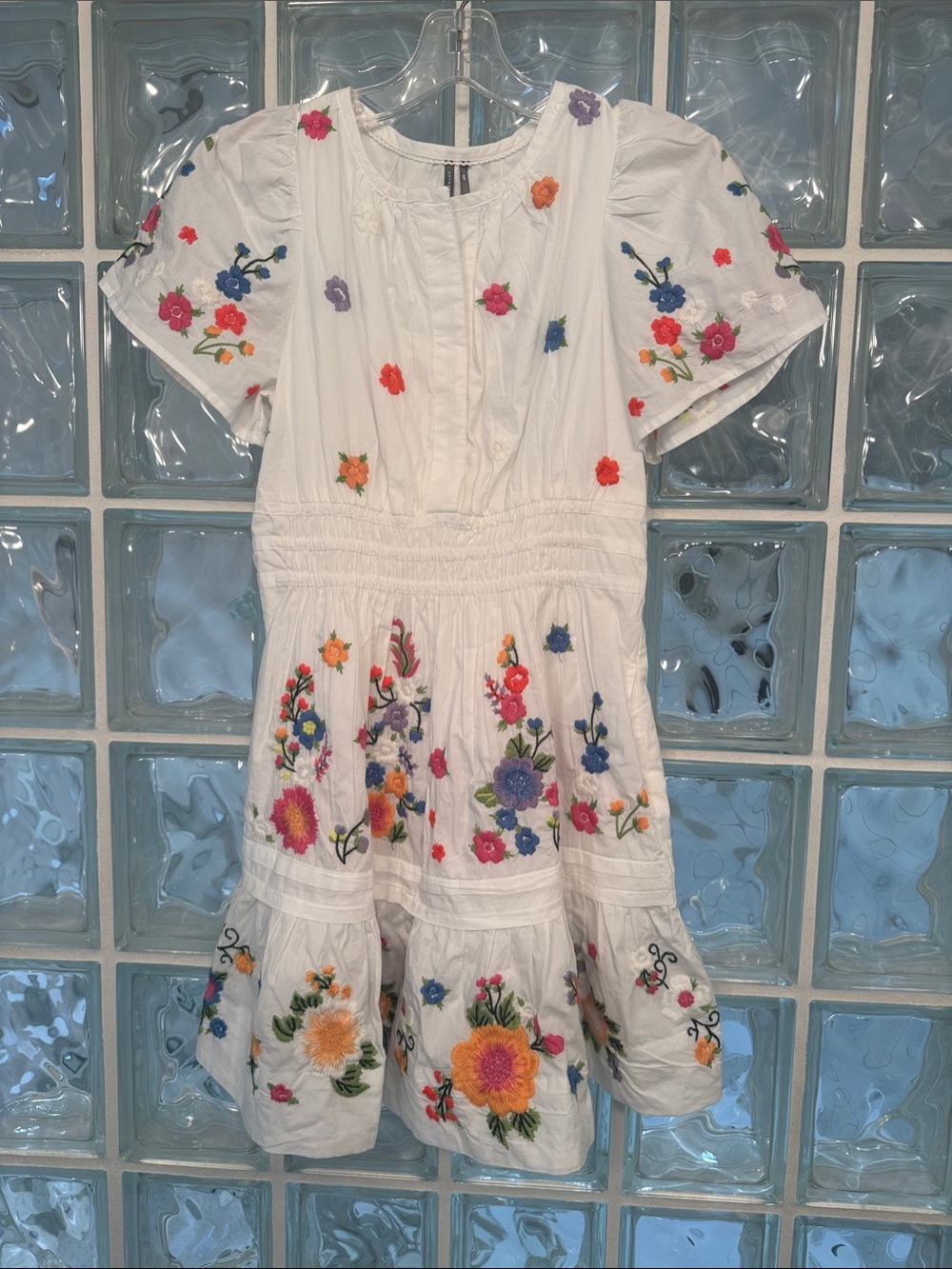 Anthropologie White Midi Dress with Bright Floral Embroidery